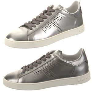 Tod's Metallic Silver Logo Cutout Accent Perforated Leather Sneakers 37.5 NEW